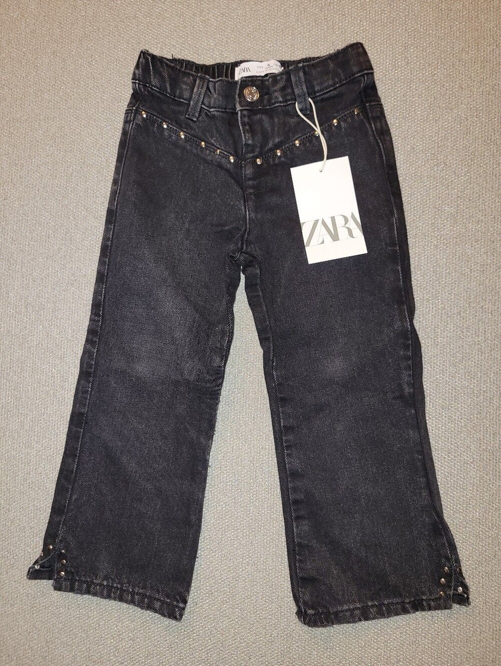 Zara Size 4 Years Black Denim Wide-Leg Studded Jeans NWT